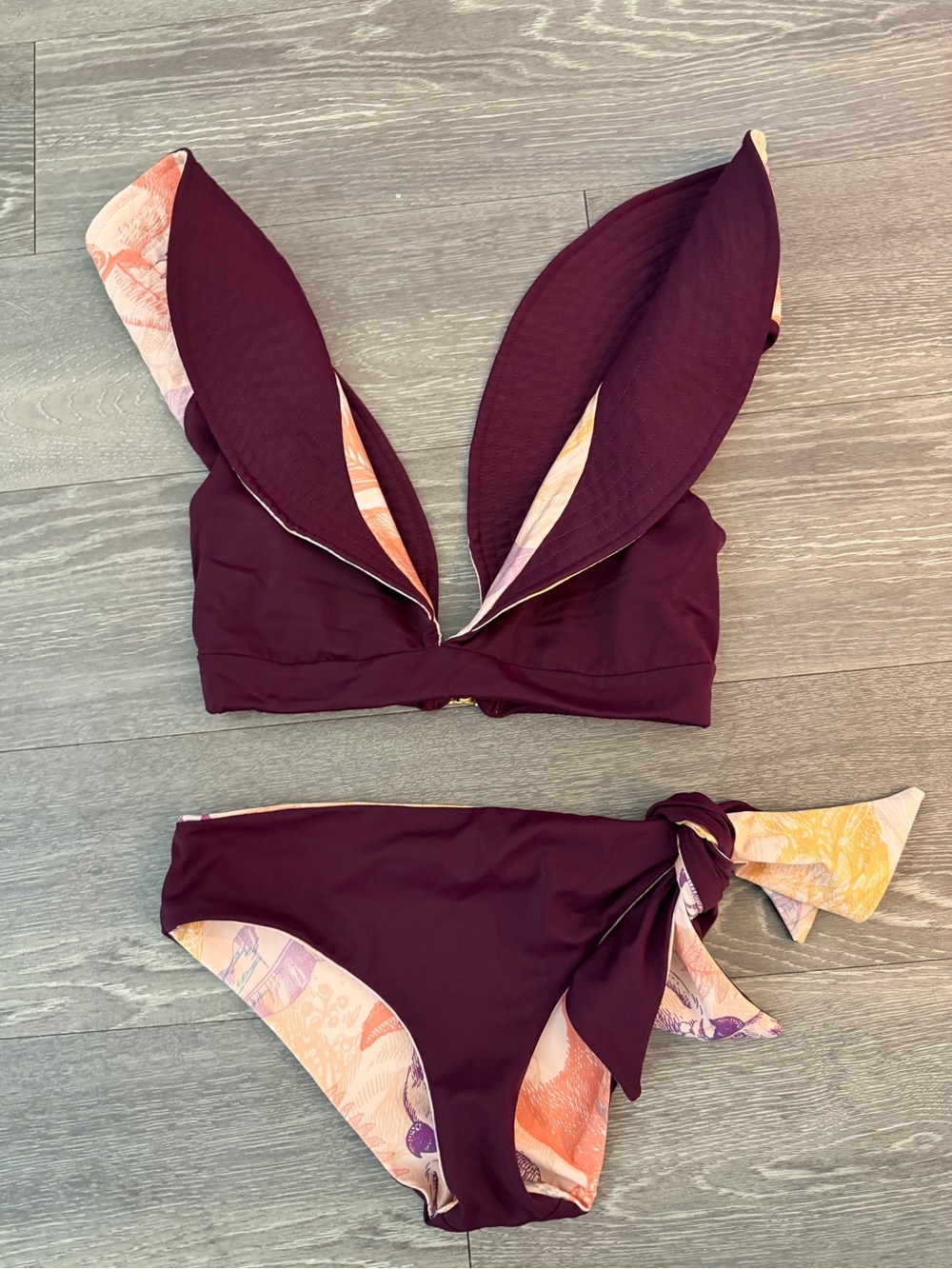 Juan de Dios Reversible Bikini Set S Burgundy Tropical Print Gold Hardware